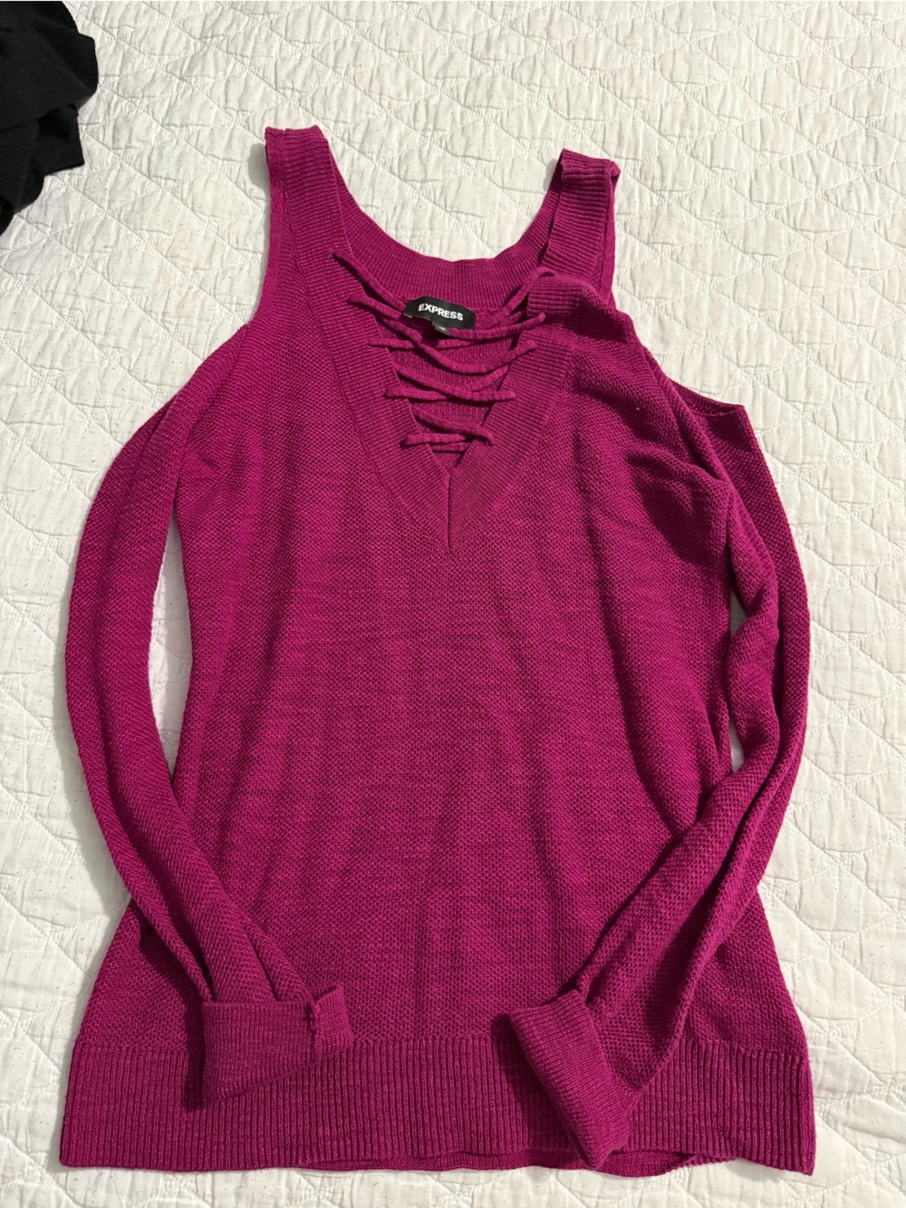 Express Off-the-Shoulder Lace-Up Sweater - Magenta